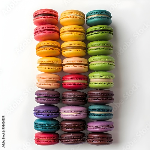 Colorful Macarons Displayed in Neat Stacks and Rows on White Background
