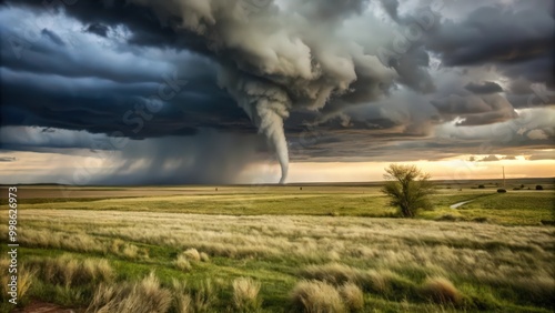 Tornado Forming Under Dramatic Storm Clouds Over a Grassy Field