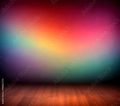 a blurred, gradient background transitioning from red to purple, with a wooden floor in the foreground