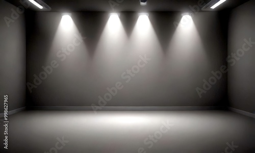A dimly lit room with a minimalist design, featuring a gray wall and a white floor, illuminated by four spotlights arranged in a diagonal line