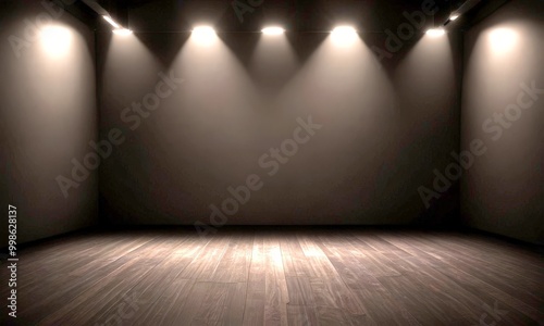 A dimly lit room with a wooden floor, featuring a row of spotlights on the ceiling, creating a dramatic and atmospheric setting
