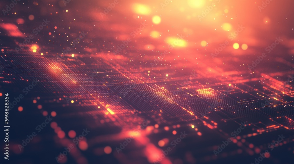 Fototapeta premium Beautiful abstract technology background with layered digital grids, light flares, and glowing lines, perfect for modern tech visuals