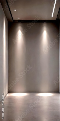 A minimalist, empty room with a gray wall and a white ceiling, featuring recessed lighting and a track lighting system