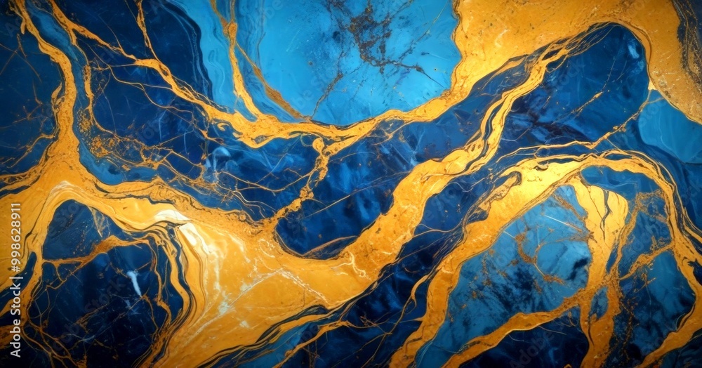 Obraz premium a close-up view marble surface with a striking pattern of blue and gold swirls and lines
