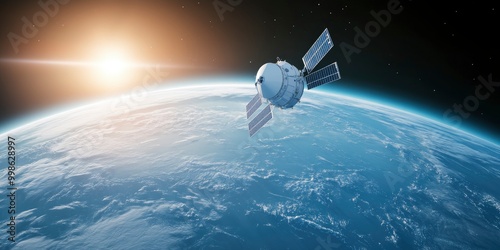 A small satellite floating on space with earth and sunlight on background photo