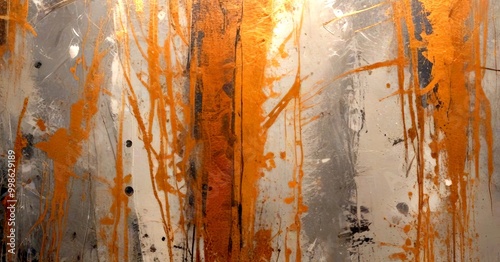 an abstract painting with a textured background featuring vertical lines and splatters of gold and black paint photo