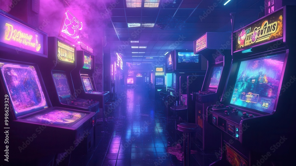neonlit cyberpunk arcade with retrofuturistic game cabinets holographic displays float in smoky air low angle view emphasizes towering machines vibrant purples and blues dominate neonlit cyberpunk arcade with retrofuturistic game cabinets holographic displays float in smoky air low angle view emphasizes towering machines vibrant purples and blues dominate