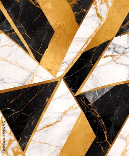 a striking geometric pattern composed of intersecting black and white marble tiles, with gold accents adding a touch of luxury and opulence The pattern is composed of nine photo