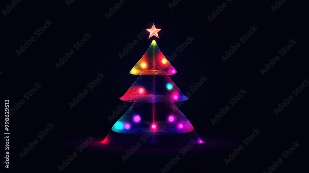 minimalist vector Christmas tree, build from big different color lights, black background ratio 16:9 minimalist vector Christmas tree, build from big different color lights, black background ratio 16:9