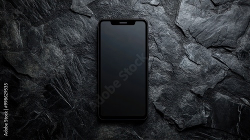 Black smartphone on black slate background.