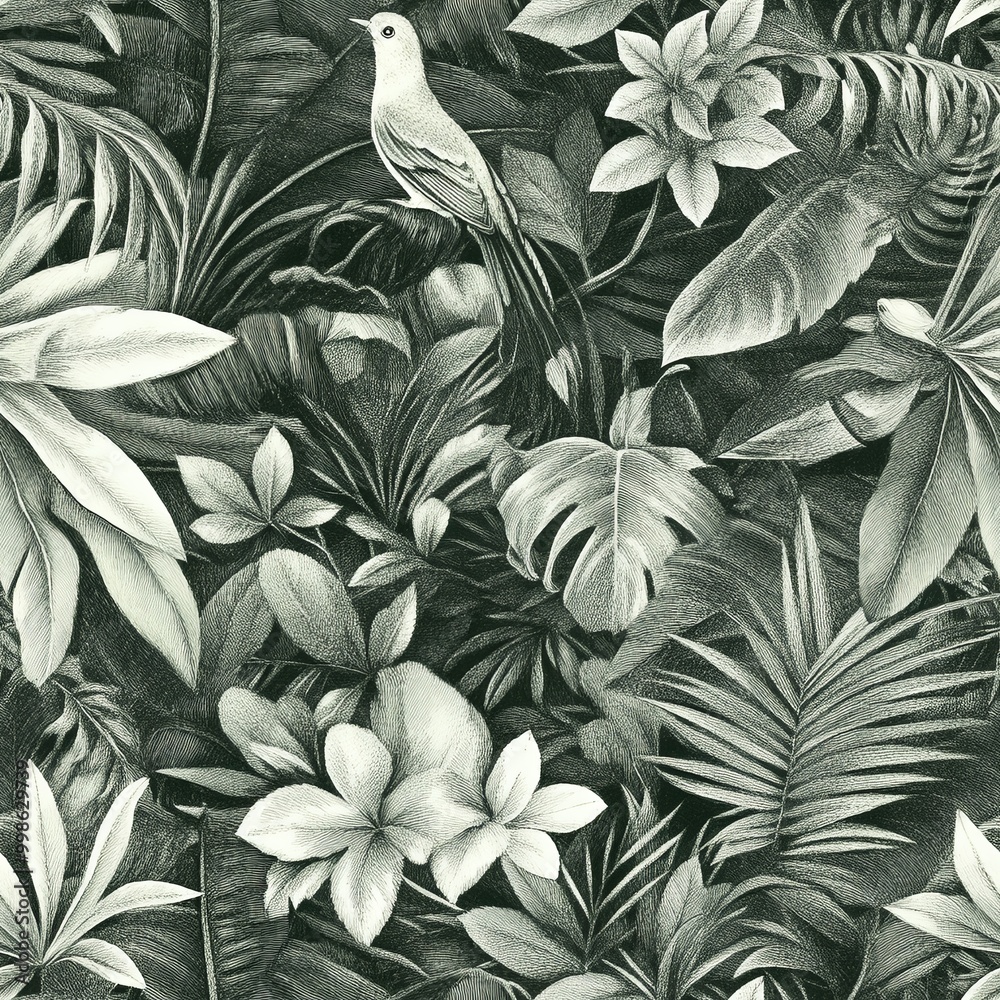 A monochromatic pattern featuring tropical leaves and a bird amidst lush foliage, creating a serene, botanical atmosphere. A monochromatic pattern featuring tropical leaves and a bird amidst lush foliage, creating a serene, botanical atmosphere.