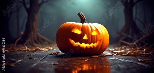 A carved jack-o'-lantern with a smiling face sits on a wooden surface, surrounded by fallen leaves and a dark, foggy forest in the background photo