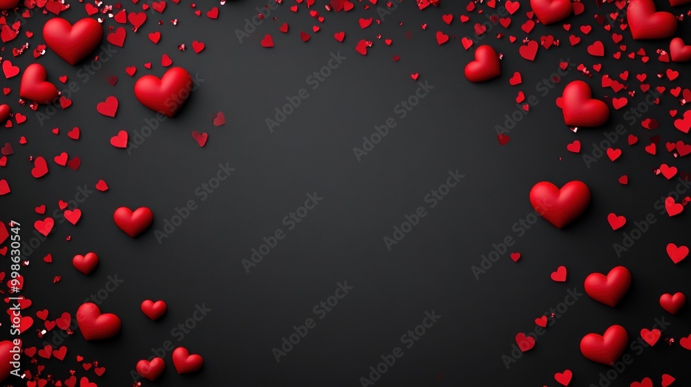 Red hearts scattered on a dark background.