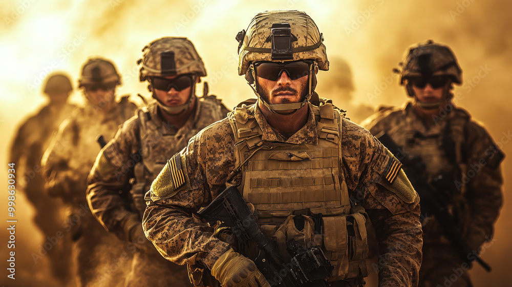 Modern Soldiers in Full Battle Gear Facing Camera in Dusty and Smoggy Environment, Concept of Military Operations and Combat Readiness, Tactical, Determined Group Portrait Modern Soldiers in Full Battle Gear Facing Camera in Dusty and Smoggy Environment, Concept of Military Operations and Combat Readiness, Tactical, Determined Group Portrait