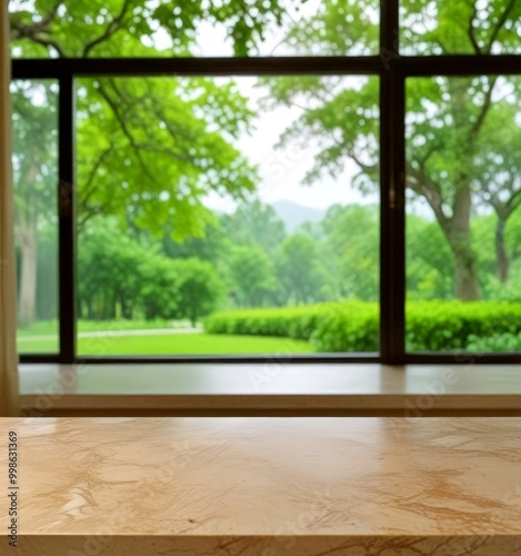 A wooden table sits in the foreground, with a large window in the background offering a view lush, verdant landscape of trees and a grassy area