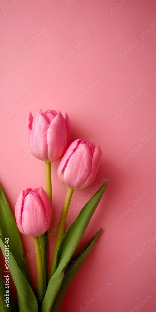 Three pink tulips with green stems and leaves are arranged against a pink background Three pink tulips with green stems and leaves are arranged against a pink background