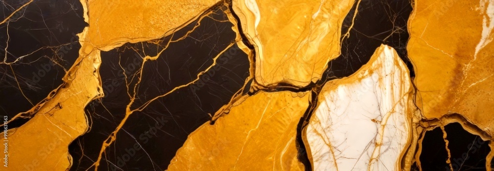 Fototapeta premium a close-up view marble surface with a striking pattern of black and gold marble The marble exhibits a textured and cracked appearance, with visible cracks and crevices