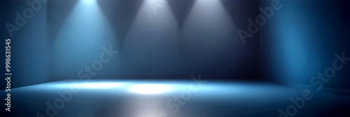 A dimly lit room with three spotlights shining down on a polished concrete floor, creating a dramatic and atmospheric effect