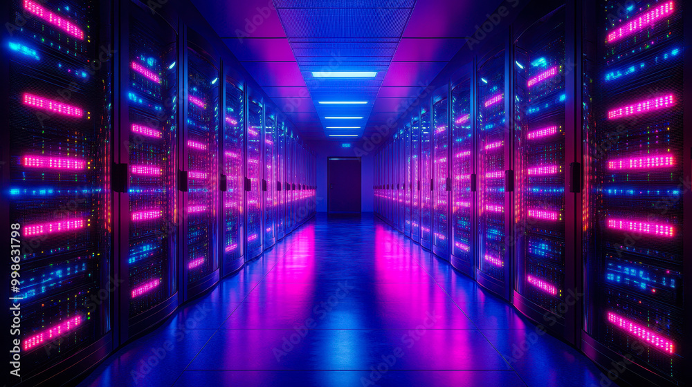 Futuristic Data Storage Corridor with Blue and Purple LED Lights in High-Speed Server Room, Internet and Cloud Services Concept Futuristic Data Storage Corridor with Blue and Purple LED Lights in High-Speed Server Room, Internet and Cloud Services Concept