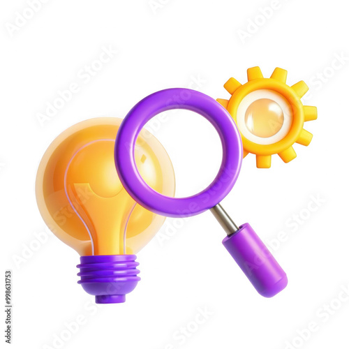 A colorful 3D rendering depicting a light bulb, magnifying glass, and gear, representing creativity and innovation in a playful style.