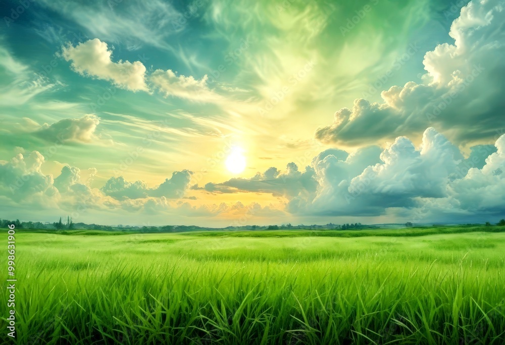 A serene landscape with a vast green field, a distant horizon, and a dramatic sky with a sun peeking through the clouds A serene landscape with a vast green field, a distant horizon, and a dramatic sky with a sun peeking through the clouds