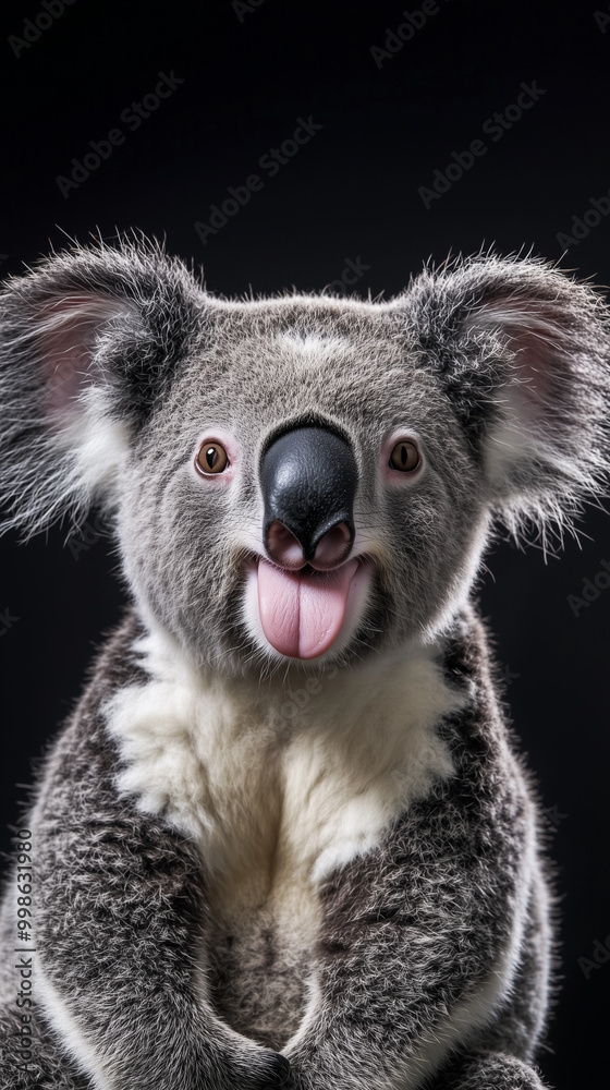 Fototapeta premium close-up photo of a koala with gray fur, large round ears, and a black nose, sticking out its tongue playfully