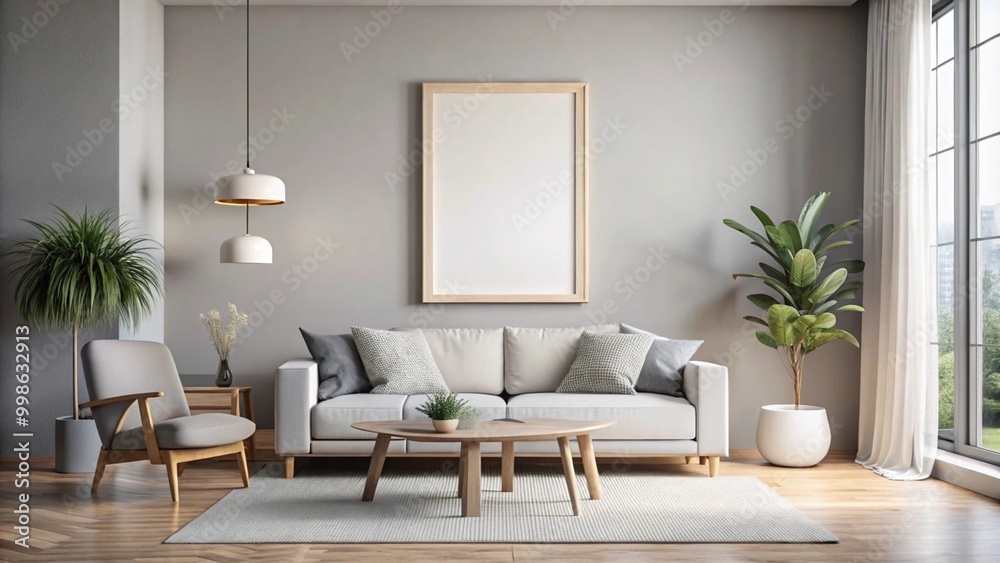 Blank picture frame mockup on gray wall. White Beautiful living room design. View of modern scandinavian style interior with artwork mock up on wall. Home staging and minimalism concept Blank picture frame mockup on gray wall. White Beautiful living room design. View of modern scandinavian style interior with artwork mock up on wall. Home staging and minimalism concept