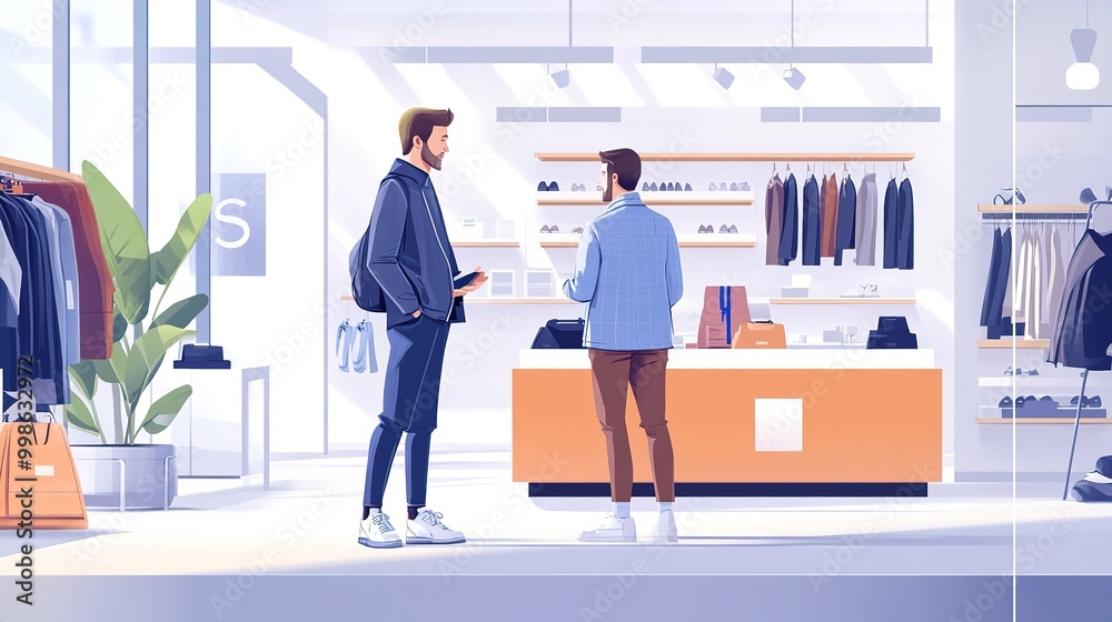 A salesman engaging in a one-on-one conversation with a customer in a stylish, contemporary retail environment A salesman engaging in a one-on-one conversation with a customer in a stylish, contemporary retail environment