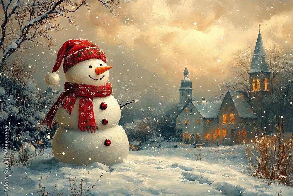 Obraz premium Winter-themed scene featuring a cheerful snowman wearing a red scarf and hat, set against a snowy landscape with a quaint village and church in the background