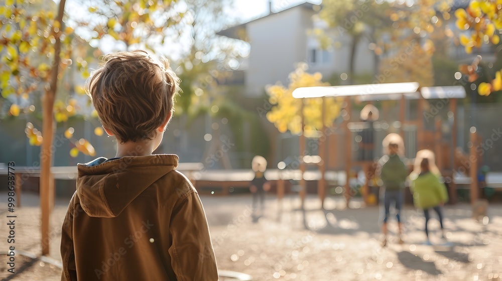 Disheartened Child Observing Peers at Playground in Autumn Scenery Disheartened Child Observing Peers at Playground in Autumn Scenery