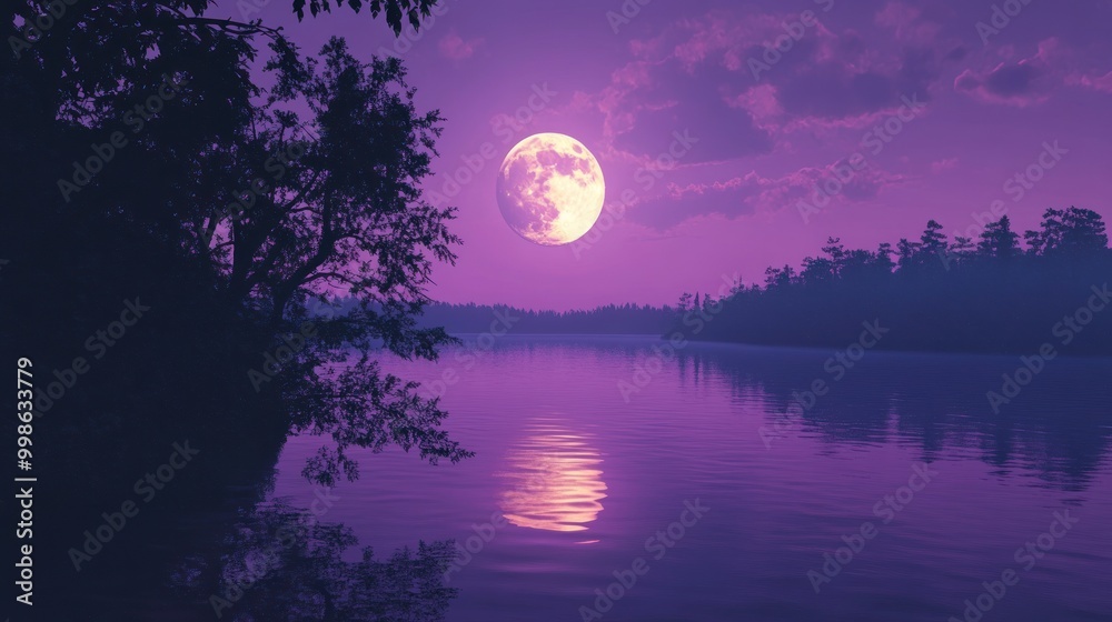 Silhouetted trees by a lake at night under a full moon, with a pink sky and a reflection of the moon in the water. Silhouetted trees by a lake at night under a full moon, with a pink sky and a reflection of the moon in the water.