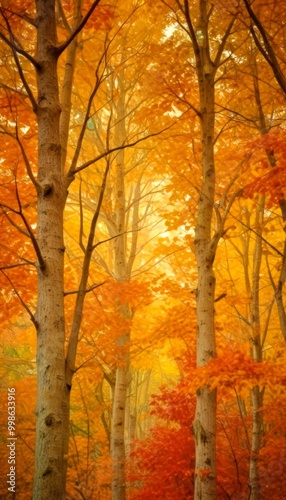 A serene autumn scene unfolds in a forest, with tall trees adorned in vibrant orange and yellow leaves, creating a warm and inviting atmosphere