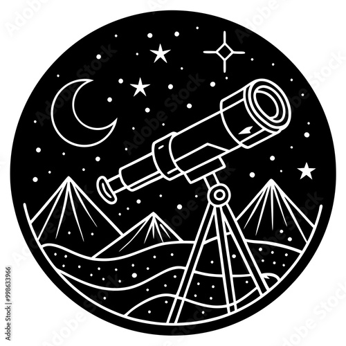 Starry Night Exploration: Telescope and Mountains Vector Illustration