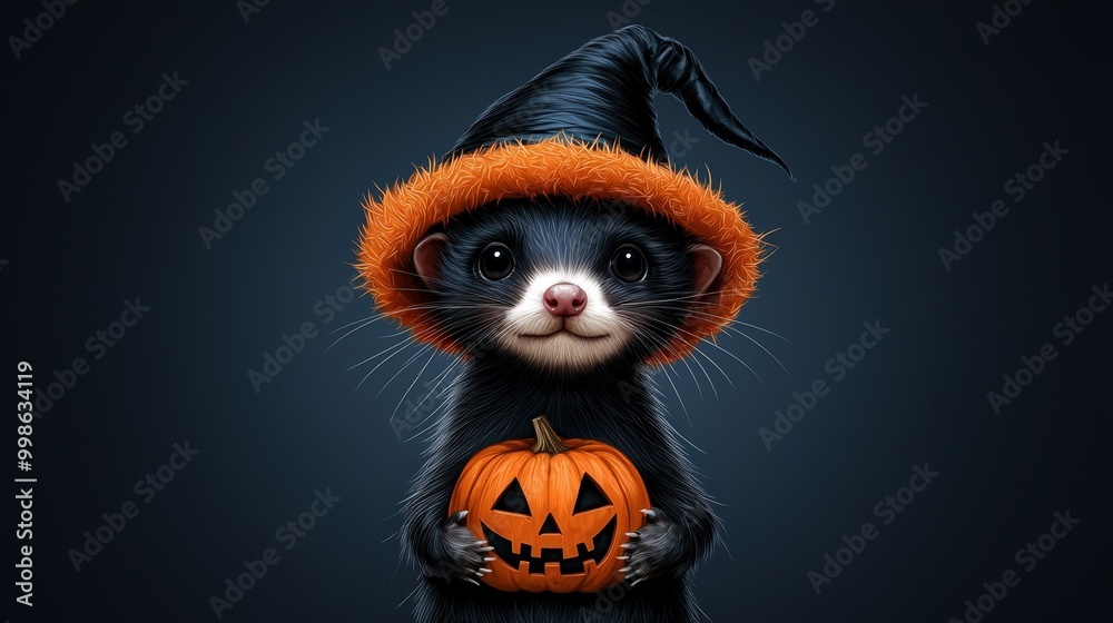 Adorable animal in a witch hat holding a pumpkin on a dark background. Adorable animal in a witch hat holding a pumpkin on a dark background.