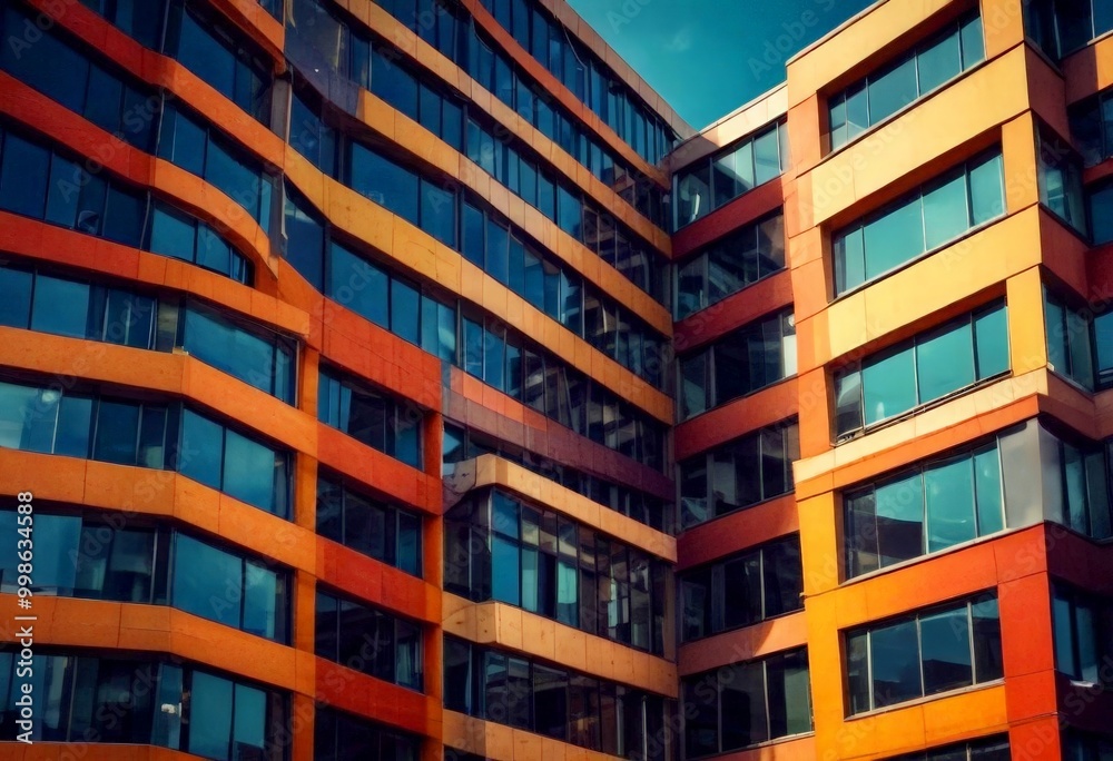 Obraz premium a modern, multi-story building with a striking facade featuring a series of windows in various shades of orange, yellow, and red, set against a clear blue sky