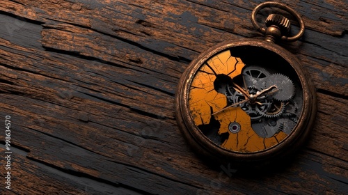 Antique pocket watch with intricate gears on wooden background. photo