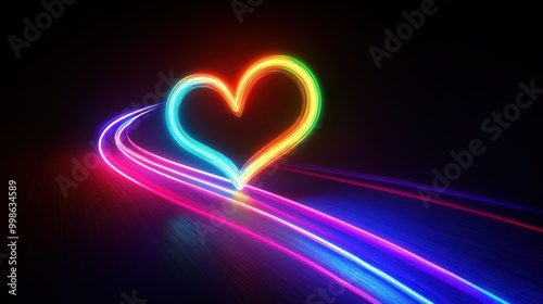 Abstract glowing neon heart shape in a rainbow color scheme with streaks of light in the background.