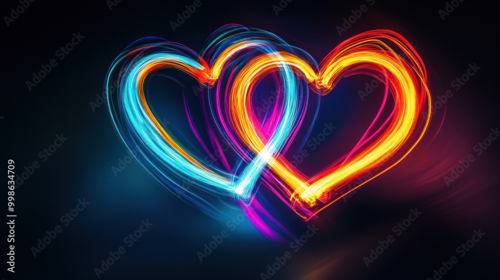 Abstract heart shape created with light trails in blue, orange and pink on a black background.