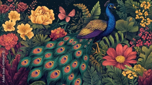 opulent art nouveauinspired illustration featuring a resplendent peacock with iridescent feathers surrounded by lush tropical foliage exotic flowers and shimmering butterflies in jewel tones photo