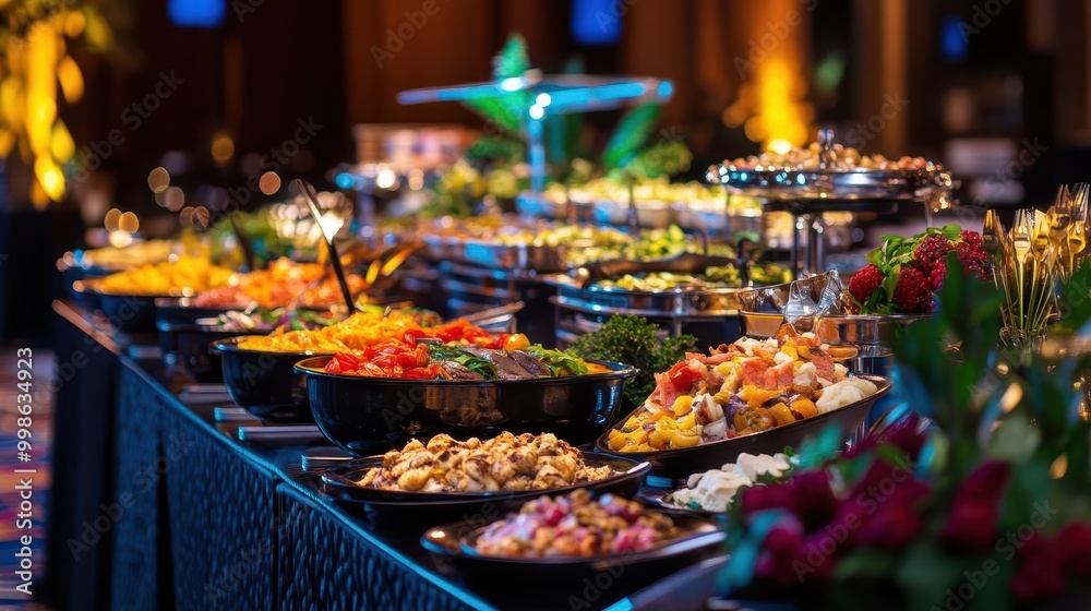 opulent buffet spread with an array of gourmet dishes vibrant colors of fresh ingredients elegant table settings and ambient lighting creating an inviting atmosphere opulent buffet spread with an array of gourmet dishes vibrant colors of fresh ingredients elegant table settings and ambient lighting creating an inviting atmosphere