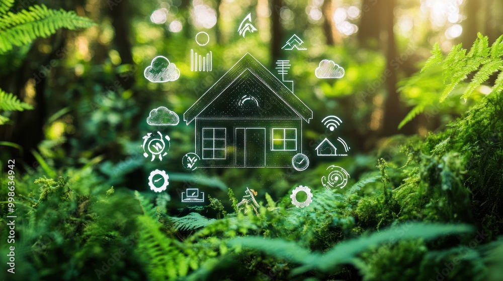 Smart home concept with icons in a green forest. Smart home concept with icons in a green forest.