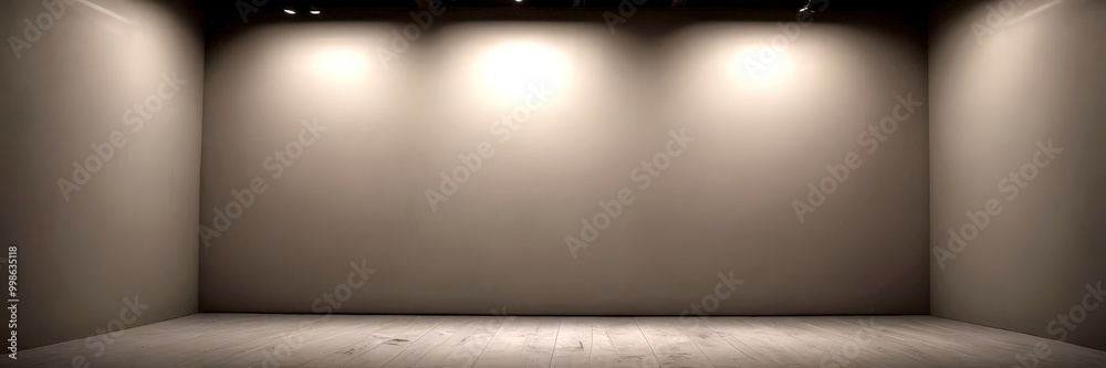 A dimly lit, empty room with a wooden floor and three evenly spaced recessed lighting fixtures on the ceiling A dimly lit, empty room with a wooden floor and three evenly spaced recessed lighting fixtures on the ceiling