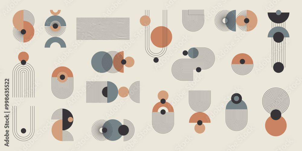 Naklejka premium Monochromatyczny zestaw abstrakcyjnych elementów z kolorystycznym akcentem. Geometryczne kształty w paski, minimalistyczne cienkie linie, łuki, elipsy, kwadraty. Ilustracja wektorowa.