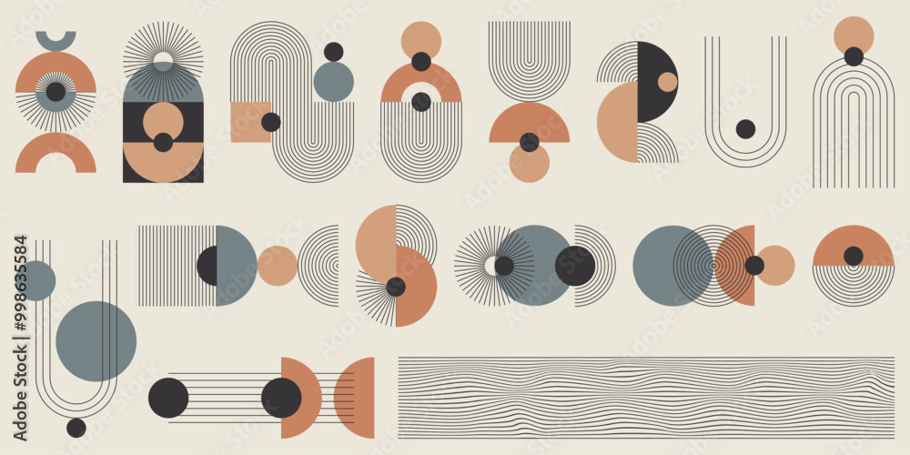 Obraz premium Monochromatyczny zestaw abstrakcyjnych elementów z kolorystycznym akcentem. Geometryczne kształty w paski, minimalistyczne cienkie linie, łuki, elipsy, kwadraty. Ilustracja wektorowa.