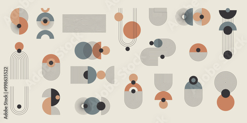 Monochromatyczny zestaw abstrakcyjnych elementów z kolorystycznym akcentem. Geometryczne kształty w paski, minimalistyczne cienkie linie, łuki, elipsy, kwadraty. Ilustracja wektorowa.