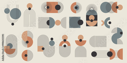 Monochromatyczny zestaw abstrakcyjnych elementów z kolorystycznym akcentem. Geometryczne kształty w paski, minimalistyczne cienkie linie, łuki, elipsy, kwadraty. Ilustracja wektorowa.