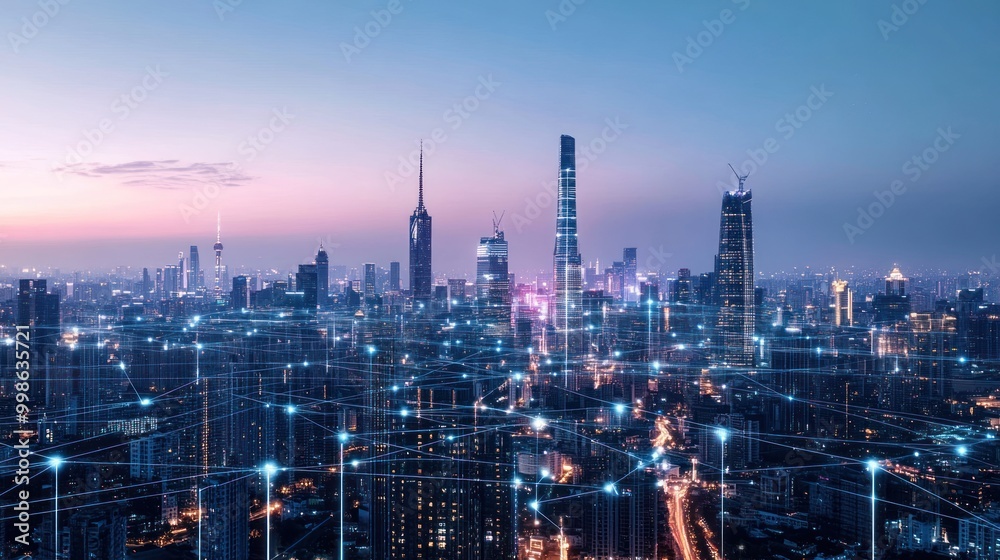 Fototapeta premium A modern city at night with glowing lights and interconnected lines representing the city's digital infrastructure.