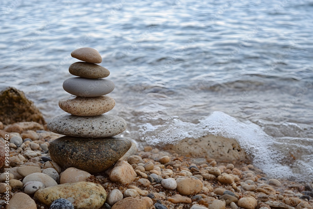 stones and rocks stacked on each other on the beach with sea in the background, representing balance and harmony