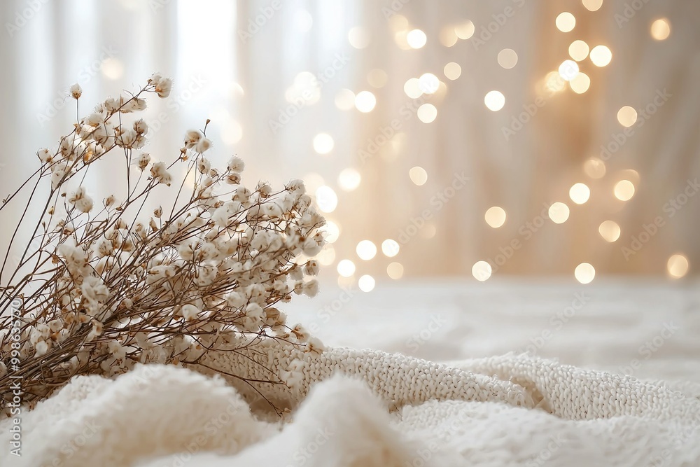 custom made wallpaper toronto digitalSoft, cozy scene featuring dried flowers resting on a knitted blanket with warm, blurred bokeh lights in the background. The image evokes a calm, serene, and comforting atmosphere, perfect for winter