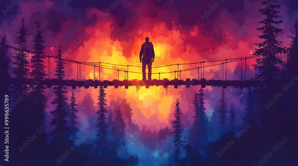 Fototapeta premium Hiker crossing a suspension bridge over a deep canyon, with lush forest below, cartoon vector style
